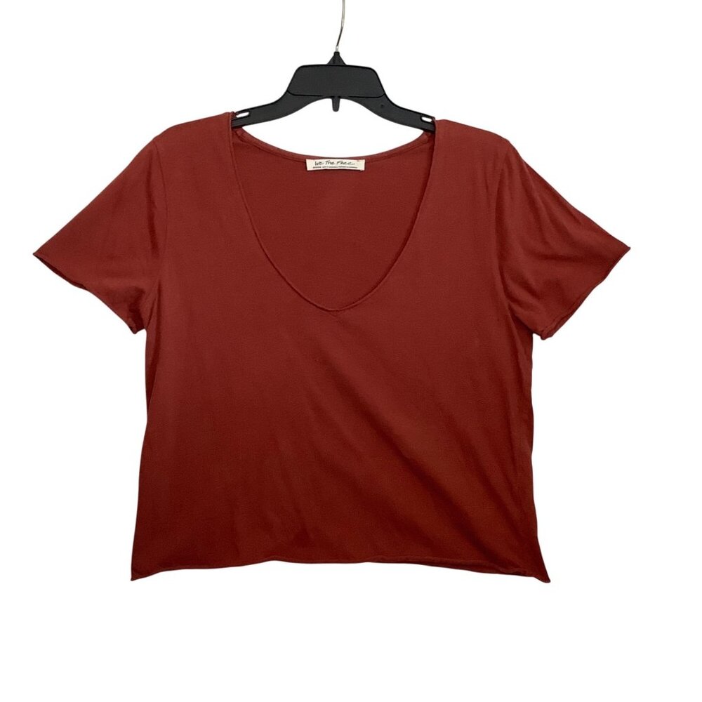 We The Free Deep V-Neck Rust Red Short Sleeve Shirt Top Women Medium 100% Cotton